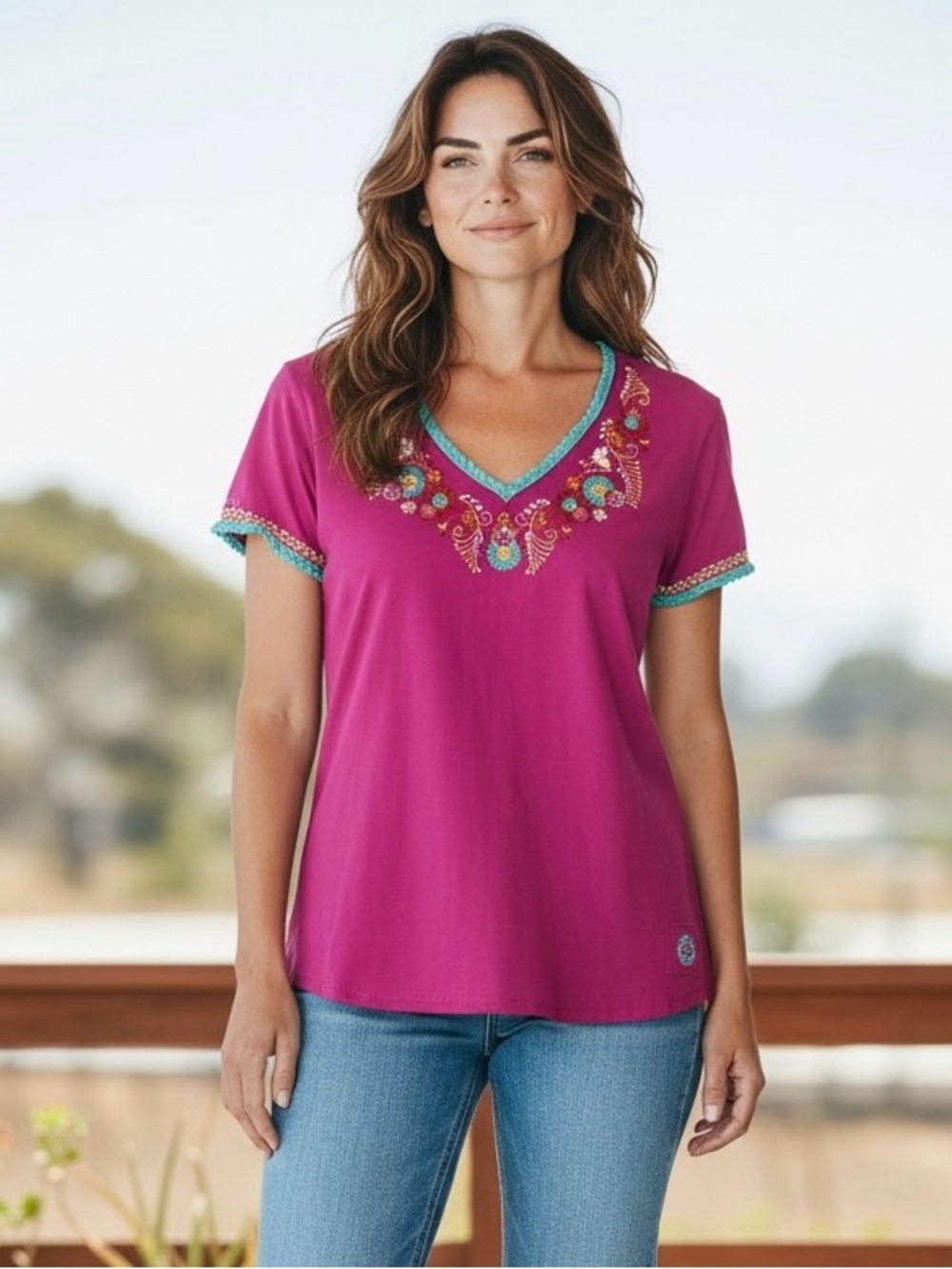 Double D Ranch Women Embroidered Floral Top Pink Lace Trim V-neck Sz.L Bohemian